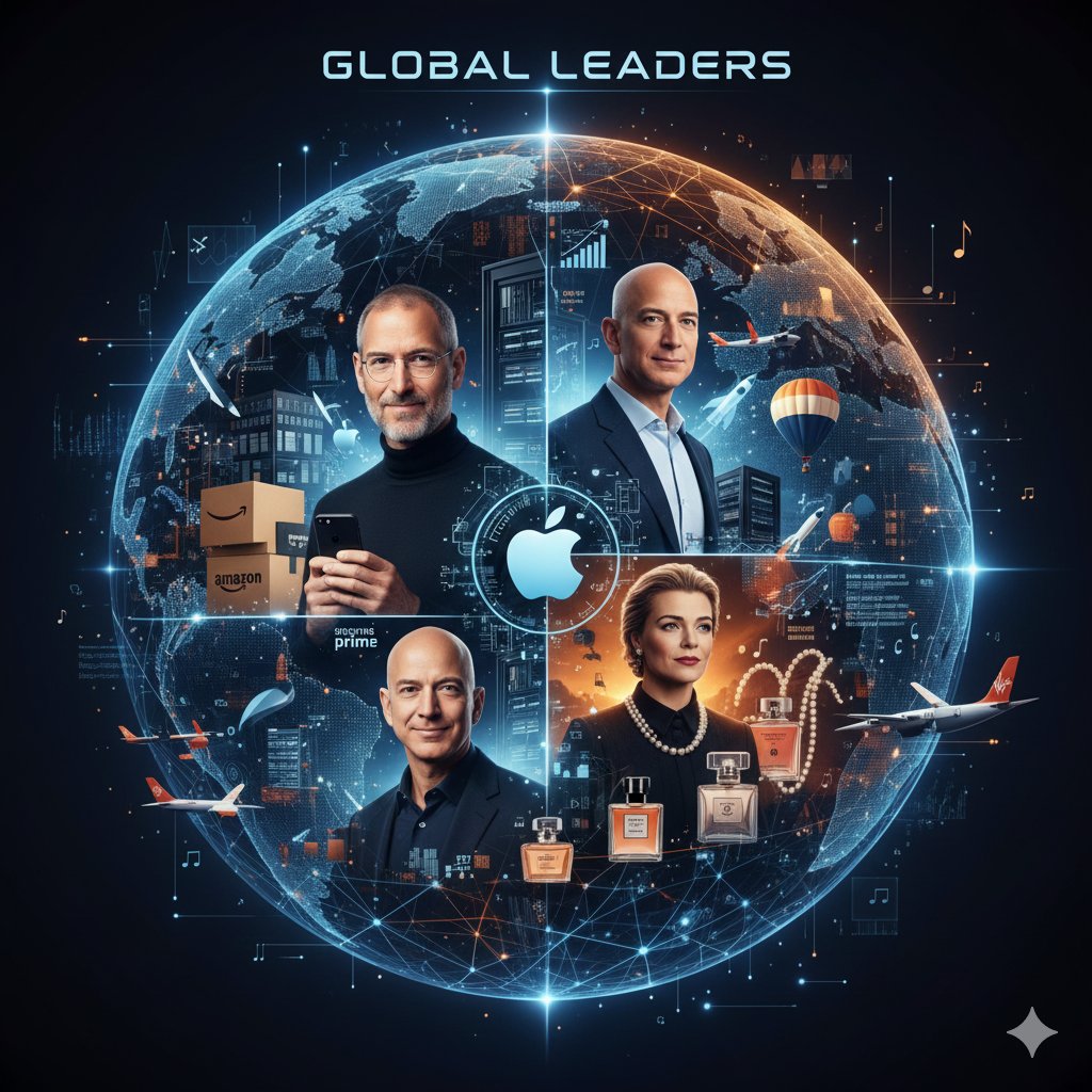Montage of iconic, hybrid-role founders (including Steve Jobs, Richard Branson, and Coco Chanel) representing global leadership and industry diversification in entrepreneurship